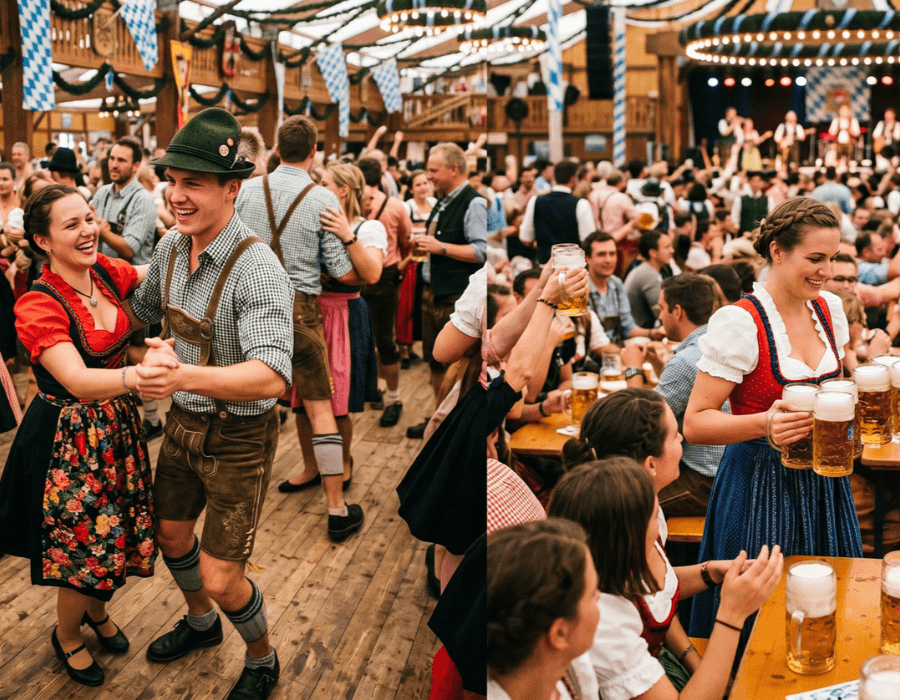 A lively beer hall filled with people dancing and celebrating, wearing traditional Bavarian attire.