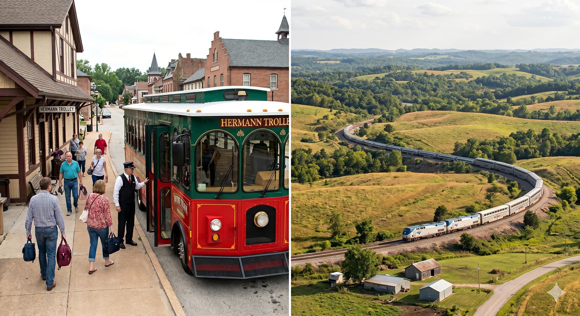 A red trolley is parked in a quaint town while a train winds through green hills and fields.