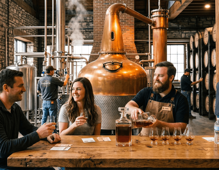Three people share a tasting experience at a distillery, with a copper still in the background.