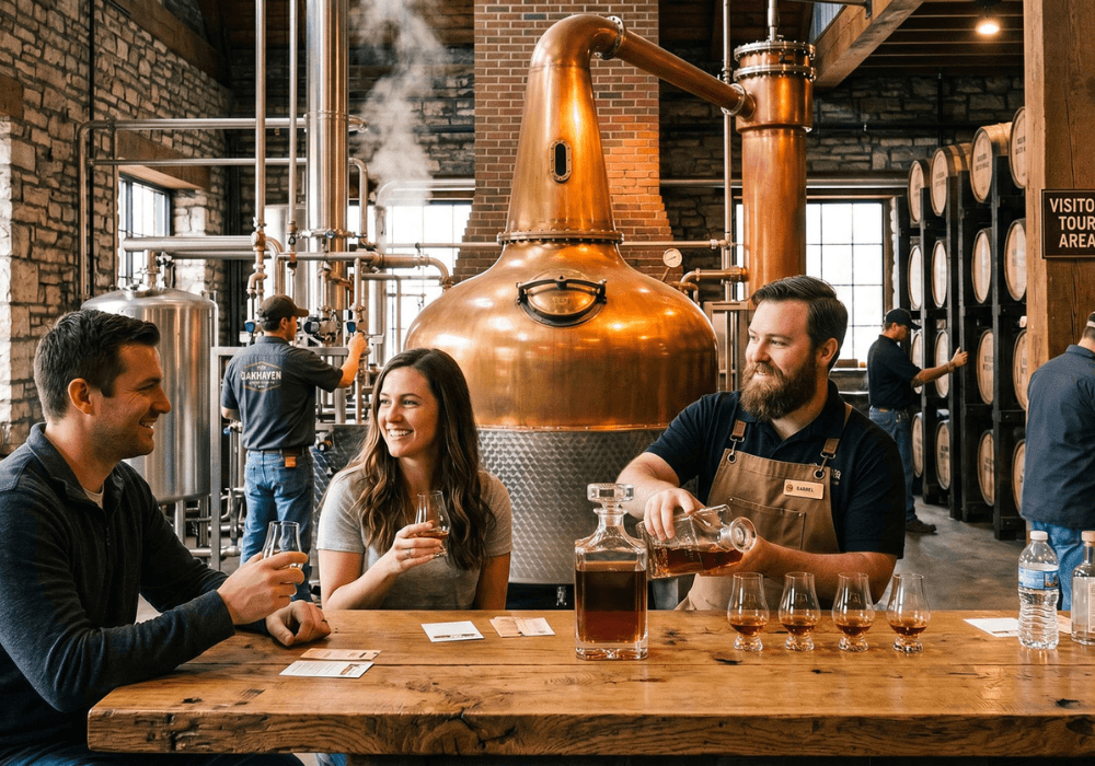 A group enjoys whiskey tasting at a distillery, with copper stills and barrels in the background.