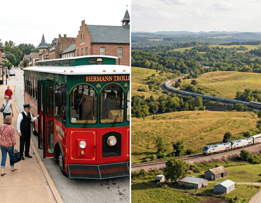 A trolley bus waits as tourists board in a historic town, while a train travels through lush, rolling hills.