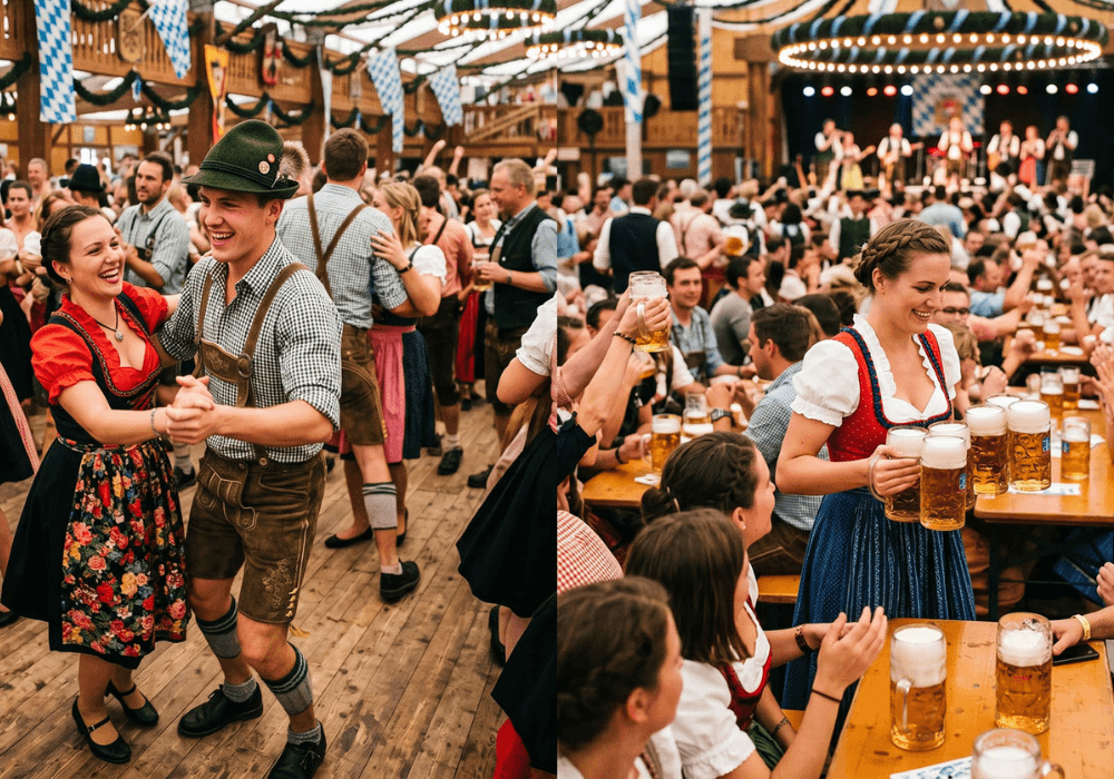 Guests enjoying traditional dancing and beer at a vibrant festival.