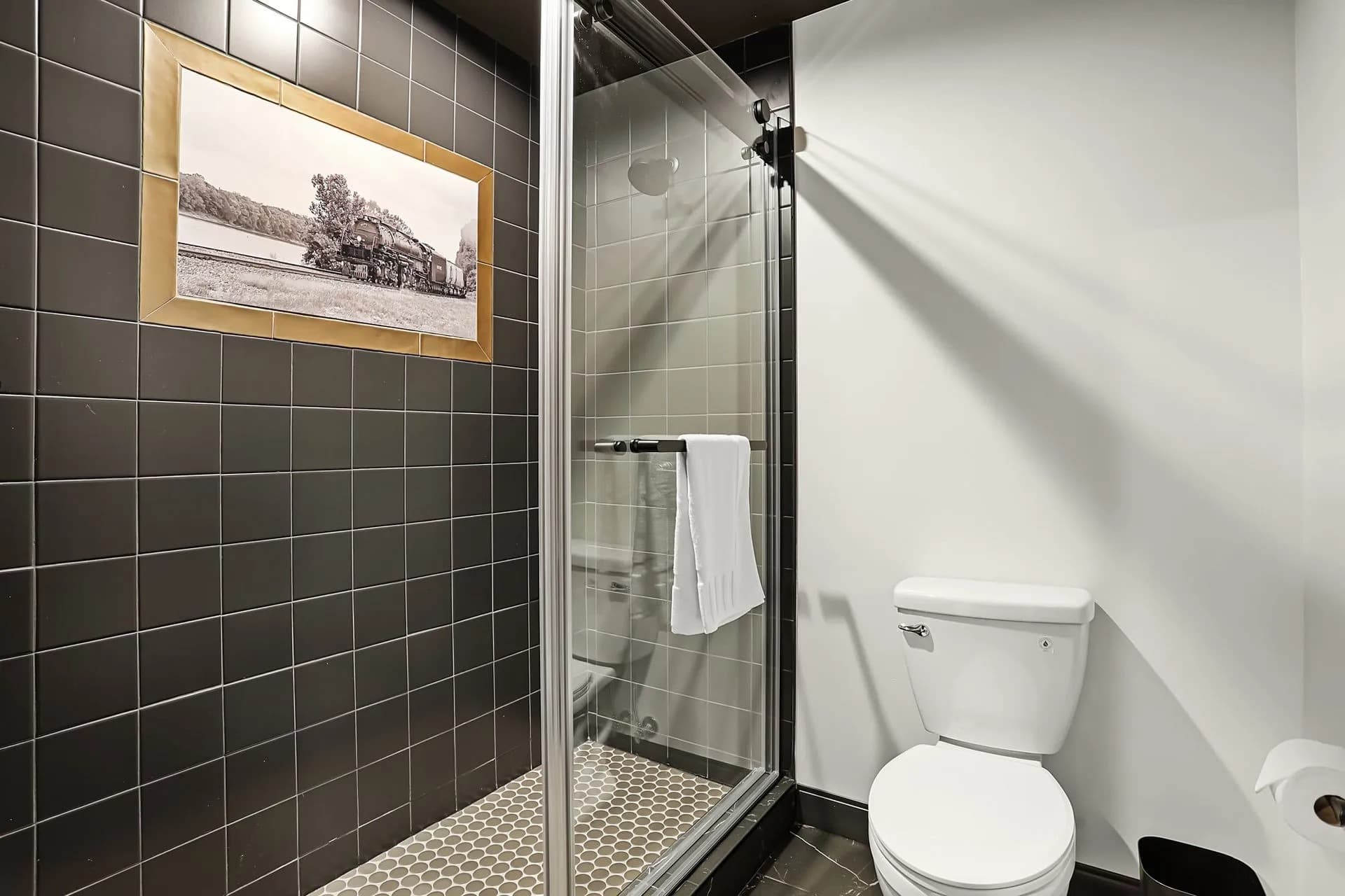 A modern bathroom featuring a shower, toilet, and a framed photograph on the wall.