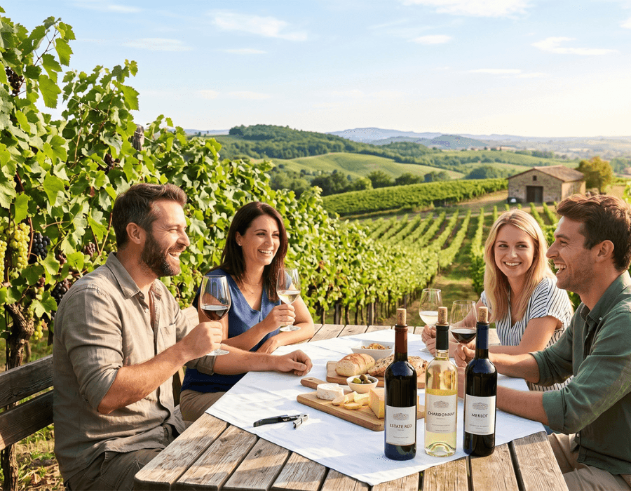 A group of four friends enjoy wine and food at a vineyard picnic with scenic hills in the background.